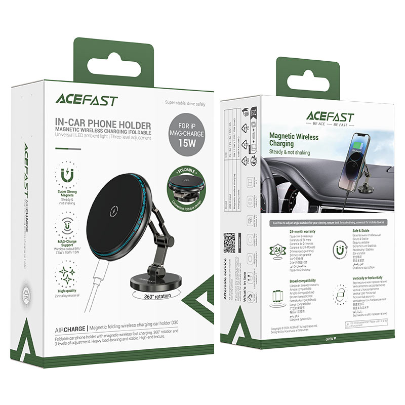 Acefast In-Car Phone Holder Magnetic Wireless Charging 15W - D30 Black