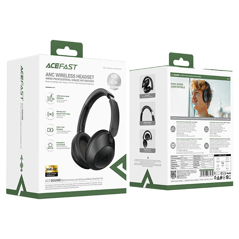 Acefast ANC Wireless Headset 40mm Professional Grade Hifi Drivers - H3 Black<br>