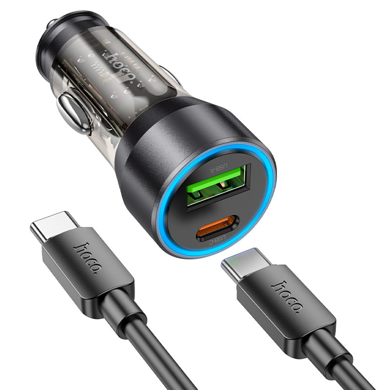 hoco Mini Size High Power Car Charger Set 43W With USB-C TO USB-C Cable 1m - NZ16A