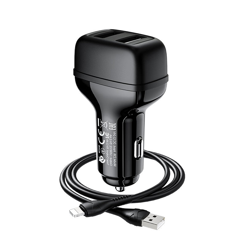 Hoco Strong & Sturdy Dual Port Car Charger Set With Cable Usb-A TO Lightning Z36